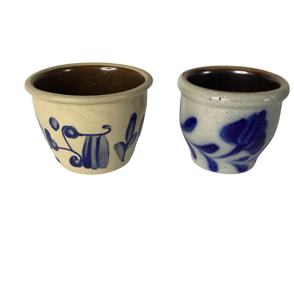 Salt Glaze Stoneware Crocks Set of 2 Hand Painted Cobalt Blue Folk Art Pottery - Picture 3 of 10